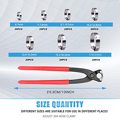 304 Stainless Steel Single Ear Stepless Hose Clamps Cinch Rings Crimp Pinch Fitting 140Pcs 7-21mm (140pcs+Tool)