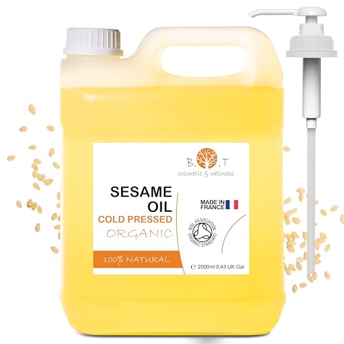 Huile de Sésame Bio, 100% Pure, Pressée à Froid, Soin de la Peau, Cheveux, Massage Ayurvédique, Antioxydant, Elixir Nourrissant, 2000 ml