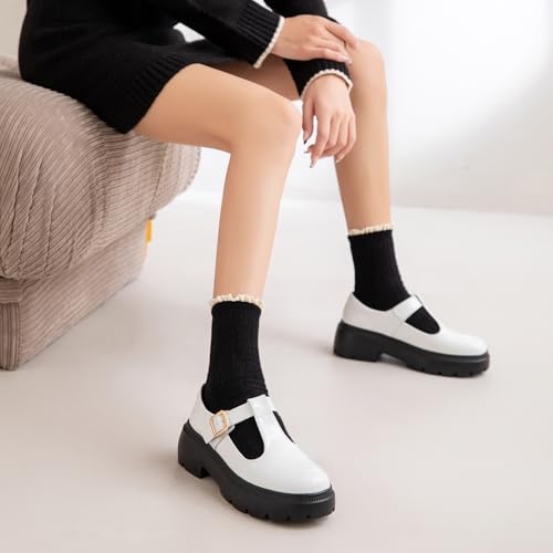 Ruiatoo Women Mary Jane Dress Shoes Platform Loafers Low Heel Chunky Pumps Round Toe Oxford Shoes White 364