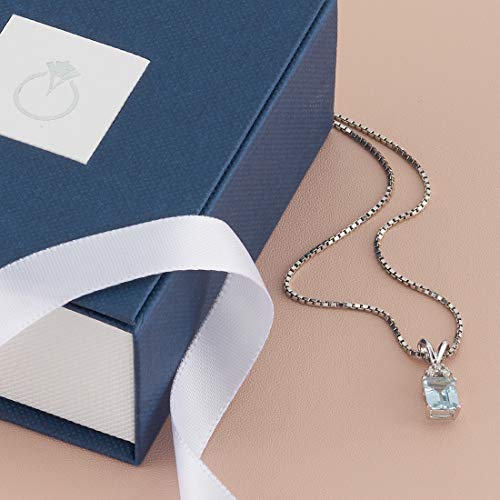 Peora Solid 14K White Gold Aquamarine With Diamond Pendant For Women, Genuine Gemstone Birthstone Solitaire, Radiant Cut, 7X5Mm #TOP5