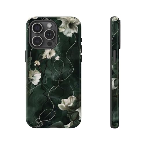 Coque rigide de luxe florale vert foncé pour iPhone 15 Pro Max finition éclatante