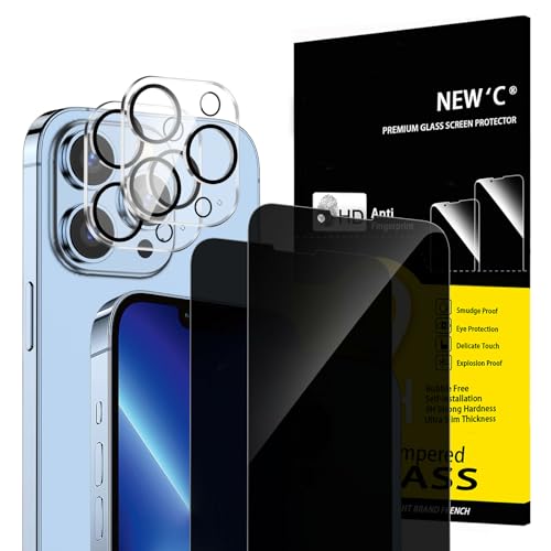 NEW'C 2 x Protector Pantalla privacidad para iPhone 13 Pro (6,1 Pulgadas) y 2 x Protector Pantalla Protector de Lente de Cámara-Cristal Templado -Ultra Resistente-Ángulo de Privacidad 28 Grados