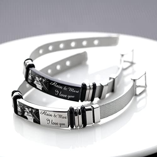 Bracelet for Mens Personalised Engraved Customize Photo & Text Men's ID Bracelet for Dad Husband Bracelets Adjustable Size for Men Women Lovers Valentine's Day Birthday Gift