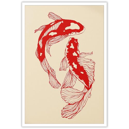 Funky Japanese red Koi Wall Art Oriental Asian Lucky Carp Canvas Posters Japan Room Aesthetic Prints Painting For Living Room Office Wall Decor 12x16in Unframed