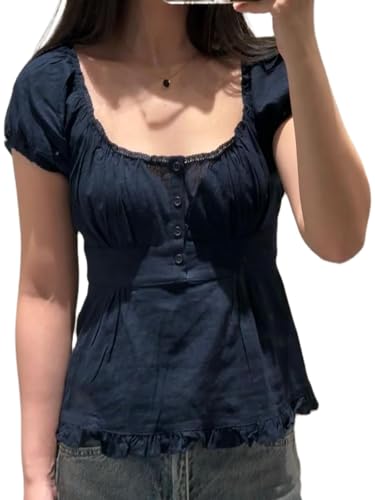 Women Teen Girls Cute Tops Short Sleeve Button Front Low Cut Ruffle Crop Top Vintage Aesthetic Coquette Shirts