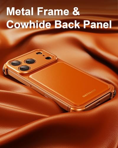 Image of Luxury Leather Phone Case Compatible with iPhone 17 Pro Max | Frameless Aluminum Alloy Bumper | Shockproof Cover - Orange Titanium