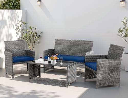 4 Piece Patio Ratten Set Outdoor Furniture Set Wicker Conversation Set with Cushions and Tempered Glass Tabletop,Deep Blue 4 Piece Patio Ratten Set Outdoor Furniture Set Wicker Conversation Set with Cushions and Tempered Glass Tabletop,Deep Blue - Image 1