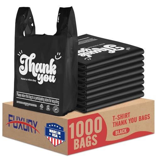 Fuxury 1000 Count Thank You Plastic Bags Black (11.5' x 6.5' x 21'), T-shirt, Grocery, Take Out, To...