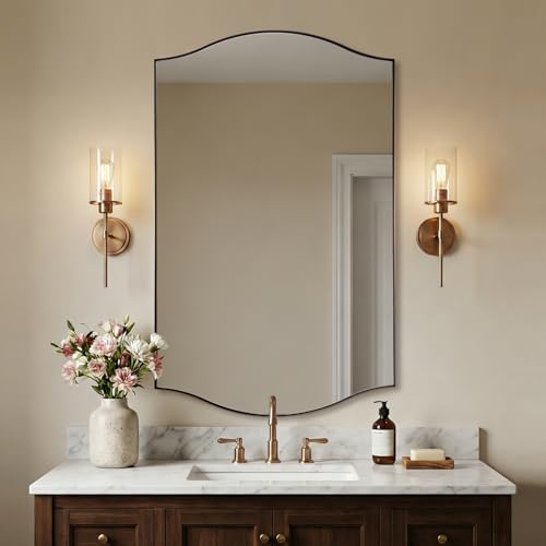 Image of ANDY STAR 30 inchx48 inch Scalloped Mirror,Brushed Bronze Rectangle Bathroom Mirror with Curved Edge Stainless Steel Metal Frame, Large Wall-Mounted Mirror for Bathroom, Entryway (Horizontal /Vertical)
