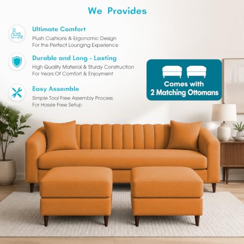 Image of Doraldo 3 Seater Sofa Set with 2 Ottoman for Living Room (Orange) Premium Fabric Sofa