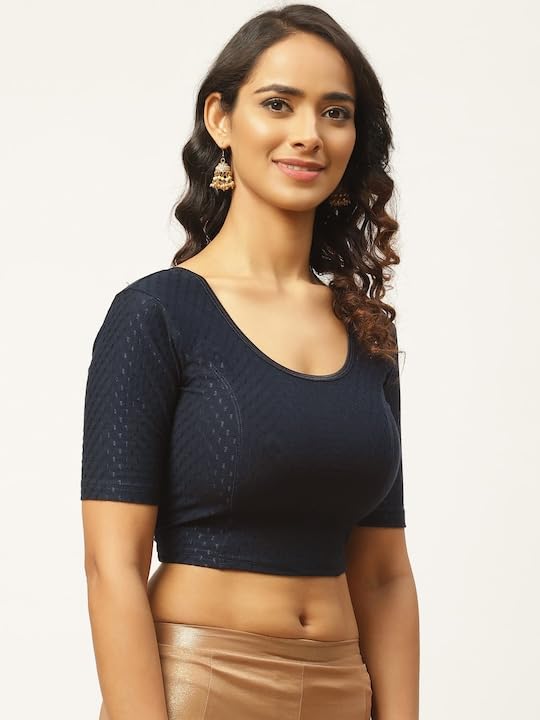 Image of Fressia Fabrics Pure Cotton 4-Way Stretch Readymade Blouse for Women | Free Size to 4XL Stretchable Round Neck Dobby Cotton Half Sleeve Readymade Saree Blouse for Women Stylish