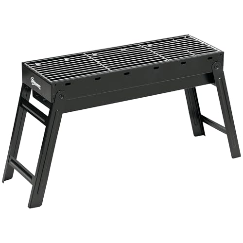 Outsunny Portable Charcoal Grill with Pull-Out Charcoal Basin, Folding Tabletop Barbecue, Compact Camping BBQ, Galvanised Metal, 73 x 20 x 35 cm, Black