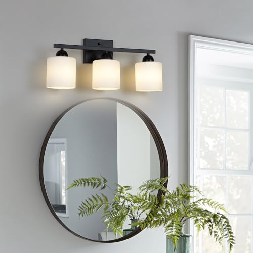 Image of Mecgirn Milk Glass Vanity Lights for Bathroom, 3 Light Matte Black Bathroom Light Fixtures Over Mirror, Ceramic E26 Sockets Wall Mounted