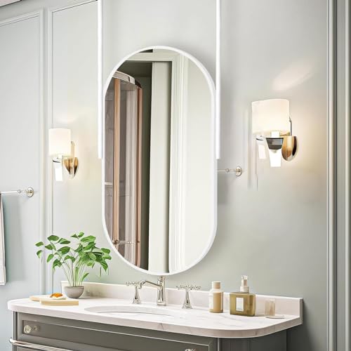 Miroir ovale suspendu au plafond blanc 50 cm avec double perche en métal pour salle de bain