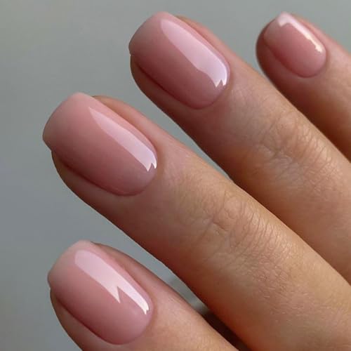 GLAMERMAID Nude Pink Press on Nails Short Neutural Extra Short Square Glue on Nails for Women Coral Pink Square Jelly Soft Gel Fake Nails 32 Pcs Reusable Acrylic False Nails Manicure Kit for Women