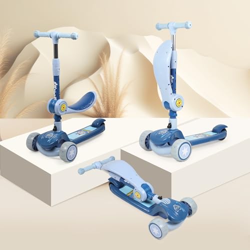 Image of 3-in-1 Convertible & Foldable Kids Kick Scooter for 3-14 Years Old Kids with 4 Level Height Adjustable Handle | LED PU Flashing Wheels | Light & Music Deck with Brake | Weight Capacity 100 kg