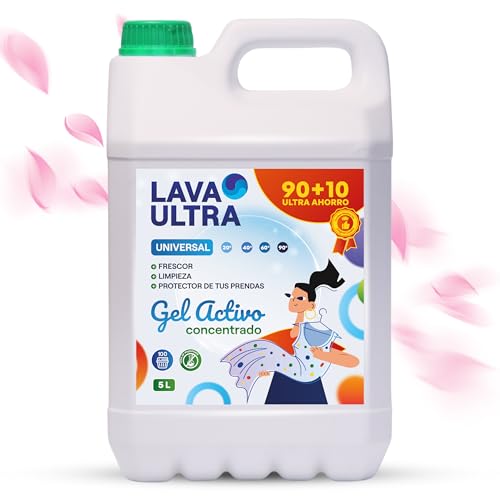 Lava Ultra Gel Activo 5L,100 Lavados - Detergente Líquido Concentrado para Lavadoras, Sin Fosfatos, Apto para Todo Tipo de Telas, Suave y Fresco, Fabricado en España