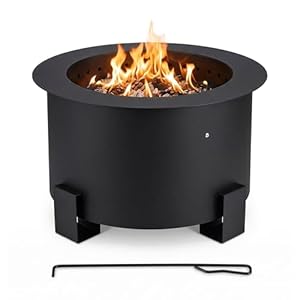 Relaxdays Feuerschale ohne Rauch, Stahl, HxØ 34x56 cm, Doppelwand-System, mit Schürhaken, raucharme Feuerstelle, schwarz