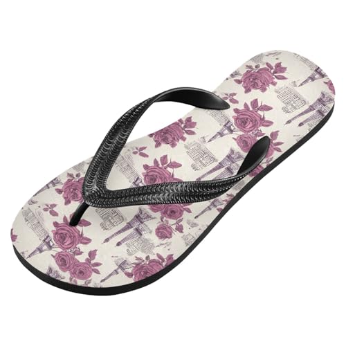 ALAZA Retro Eiffe Tower Rose Flip Flops for Women Fashion Beach Slippers Comfort Mens Flip Flops Non-Slip Rubber Shower Slippers Sandal for Hotel Travel Sport,XS2