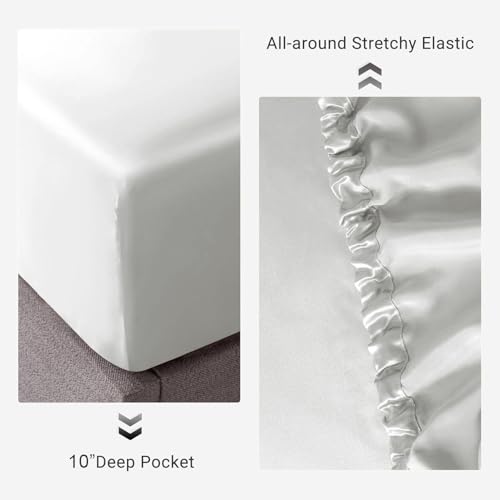 Image of Soft and Silk Satin Fitted Bedsheet for Single Size 36X75 +12 in - Elastic Fitted Sheet 400 TC Hotel Collection for Bedroom | Fitted Sheet with Pillow Cover White, Single Bed