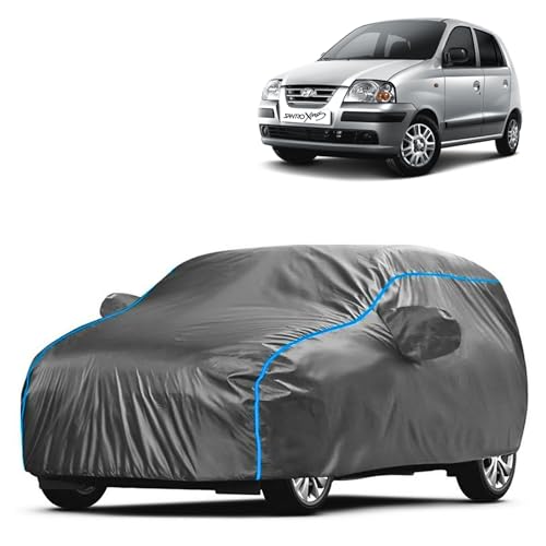 Image of Kerwa Car Body Cover Waterproof Compatible with Hyundai Santro Xing | Scratch Proof, Anti-Dust, UV Protection | Windproof Buckle Strap | Fitted Bottom Elastic | Side Mirror Pockets-Grey