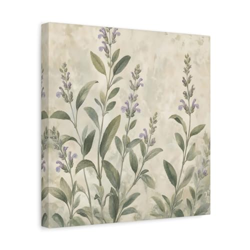 Tableau sauge et violet floral pour salon bohème au-dessus d'une console