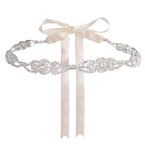 Wedding Bridal Ribbon Belts, White Ribbon Sparkle Belt Distinctive Silver Rhinestone Belt Sewn for Women Accessories Dress Matching, 2meters