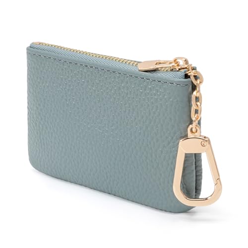 Image of Full Grain Leather Coin Purse with Key Chain - Small Change Purse Keychain Card Holder Keychain Pouch Small Keychain Wallet for Women and Men (Powder Blue)