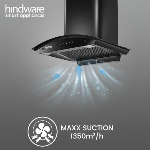 Image of Hindware Smart Appliances Nadia 60 cm 1350 m /h Filterless Auto-Clean Kitchen Chimney With Motion Sensor & Touch Control (Curved Glass, Black)