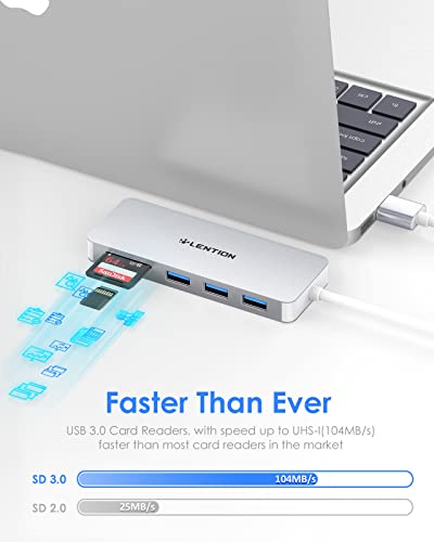 Lention Usb 3.0 Hub With 3 Usb 3.0 & Sd/Micro Sd Card Reader Adapter For Micro/Sdxc/Sdhc/Sd/Uhs-I Cards Compatible Macbook Air/Pro (Previous Generation), Surface, Chromebook, More (Cb-H15, Silver) #TOP1