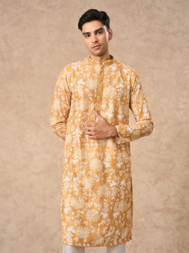 Image of Manyavar Men's Cotton Blend Floral Print Full Sleeves Long Kurta Pyjama Set (2pcs)