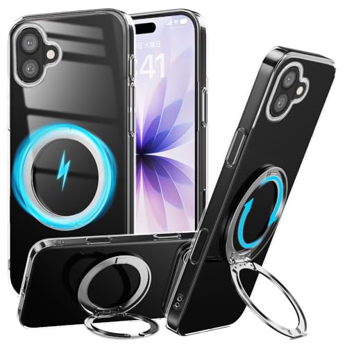 【透き通る上質感・Magsafe対応】 iPhone 17 用 ケース 透明 リング付き 多機能360°回転 隠し収納式スタンド付き マグネット搭載 ワイヤレス充電対応 アイフォン17 スマホケース 耐衝撃 保護カバー 黄ばみなし 耐久 滑り止め (クリア