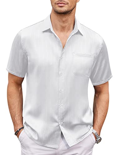 COOFANDY Silk Short Sleeve Shirts for Men Luxury Button Down Shirts for Men Silk Like Glossy Shirt Regular Fit Stylish Polyester Top White