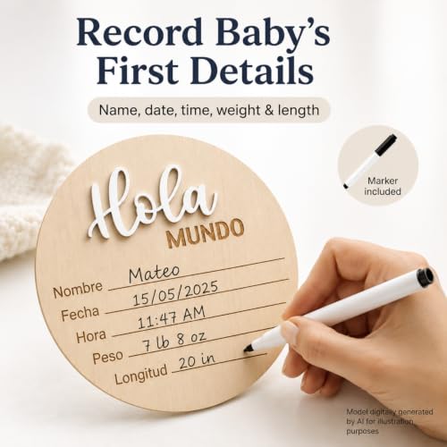 Image of Spanish Baby Birth Announcement Sign - Hola Mundo Wooden Newborn Board | Wooden Spanish Hola Mundo baby announcement disc with 3D letters and a marker to record newborn birth details.