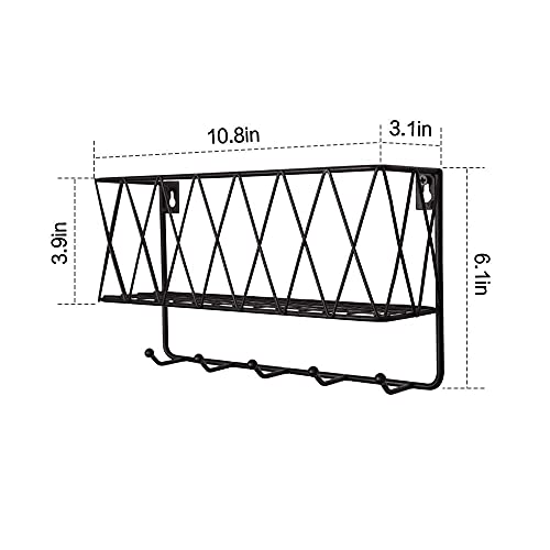 Oropy Entryway Mail Holder With Key Hooks, 11" L×3.1" W×6.1" H, Wall Mounted Matte Black Metal Wire Mesh Storage Basket With 5 Hooks, Easy To Organize Letters, Magazines, Keys, Leashes For Entryway #TOP5