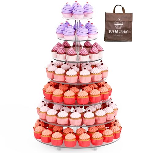 Jusalpha Large 7 Tier Acrylic Round Wedding Cake Stand Dessert Stand Pastry Serving Platter-Food Display Stand For Large Event (With Rod Feet Base) (7RF)
