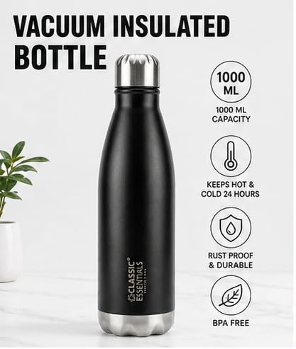 Image of CLASSIC ESSENTIALS Insulated Double Wall Vacuum Stainless Steel Water Bottle 24 Hours Hot and Cold,BIS Approved,100% Leakproof Lid,Sweat Proof Water Bottles, Great for Travel Picnic (Black-1000ml)