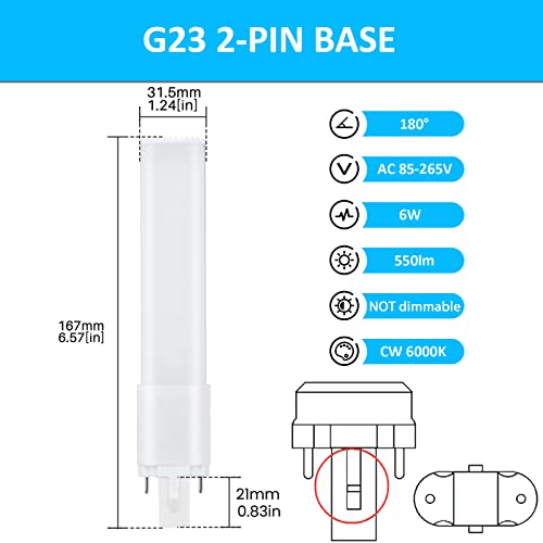 Bonlux 2-Pack 6W Led Pl Retrofit Lamp G23 2-Pin Base 13W Cfl/Compact Fluorescent Lamp Replacement 180 Degree Beam Angle Led Pl Horizontal Recessed G23 Bulb Daylight 6000K (Remove/Bypass The Ballast) #TOP3