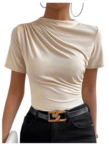 SweatyRocks Women's Ruched Mock Neck T Shirt Short Sleeve Fitted Summer Basic Tops