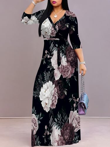 Image of PinkPatty Women's Plus Size Maxi Dresses Casual Flowy 3 /4 Sleeves Dress Printed Vacation Dress for Daily Wear with Belt
