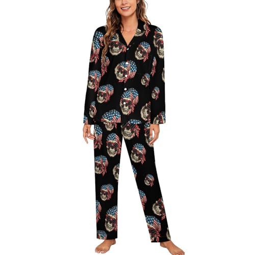 Pijama de calavera de bandera americana para mujer, de manga larga, con botones, suave, con bolsillos, Estilo:, S