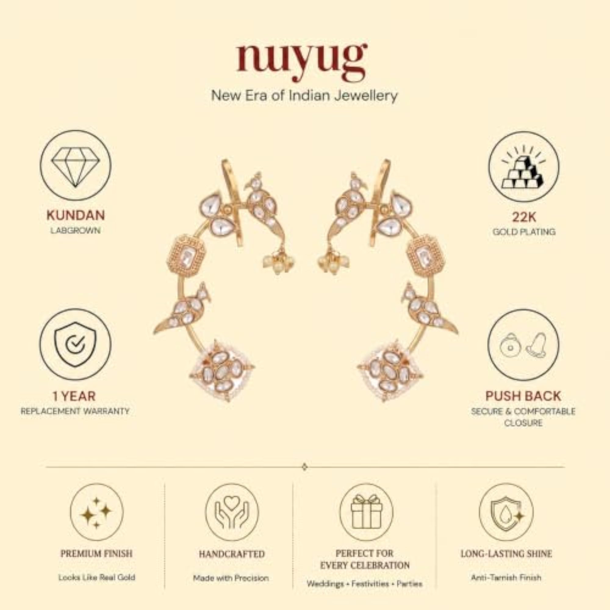Women's 22K Gold Plated Adjustable Clip-On Ear Cuff Earrings