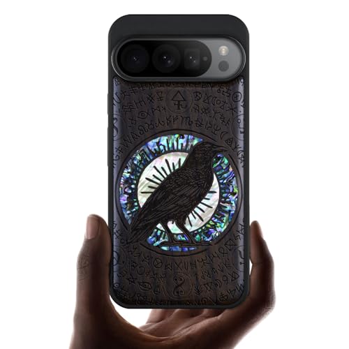 Carveit Designer Wooden Case for Google Pixel 9 Pro XL Case Cover [Wood Engraving & Shell Inlay] Compatible with Wireless Chargers Pixel 9 Pro XL (Haloed Crow-Blackwood)