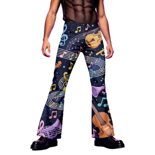 Pantalones acampanados hippie para hombre con estampado de notas musicales