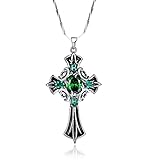 Merthus 925 Sterling Silver Vintage Created Emerald Celtic Cross Necklace for Women