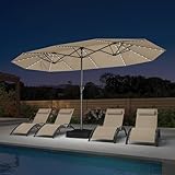 PURPLE LEAF 14ft Patio Umbrella with Solar Lights Outdoor Double-Side Market Umbrella with Base Included Rectangle Table Umbrella for Pool Garden Backyard, Khaki