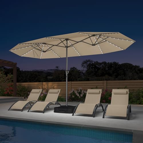 Image of PURPLE LEAF 14ft Patio Umbrella with Solar Lights Outdoor Double-Sided Market Umbrella with Base Included Rectangle Table Umbrella for Pool Garden Backyard, Khaki