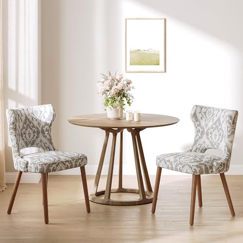 Image of Wooden Dining Chairs Set of 2, Farmhouse Dining Room Chairs with Solid Wood Legs, Mid Century Fabric Kitchen Chairs, Upholstered Chair for Restaurant & Cafe- Jacquard