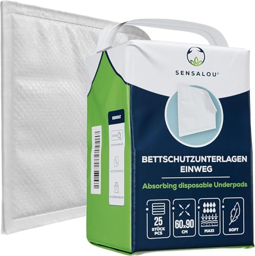 Sensalou Protector desechable para cama de incontinencia, 60 x 90 cm, 25 unidades de compresas médicas desechables impermeables para adultos, niños y bebés