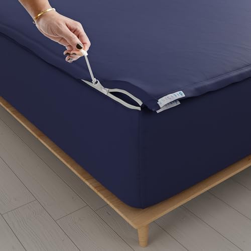 Image of QuickZip Fitted Plus Spare Bundle: 1 Fitted Sheet (Base + Zip Sheet) & 1 Zip Sheet - Easy to Change, Won't Pop Off - Soft Percale 400 TC 100% Cotton - 13.5 inch Deep Pockets RV Queen Size - Deep Navy